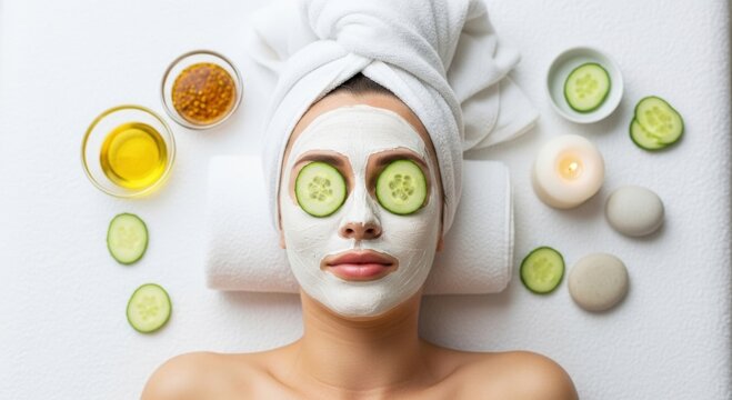 Top-view of woman at spa with creamy facial mask, white towel turban, cucumber slices over closed eyes, soft white towels, serene spa products, ultimate relaxation - Powered by Adobe