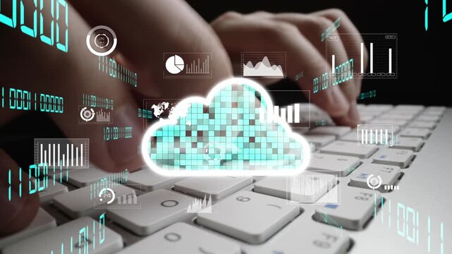 Engaging digital concept of cloud computing with hands on a keyboard, showcasing data visualization elements and analytics graphs for modern technology solutions. Xenic - Powered by Adobe