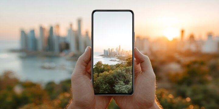 Hands holding smartphone capturing panama city skyline sunset