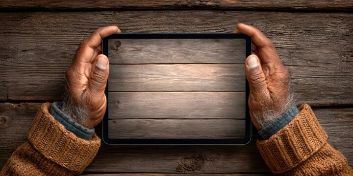 Senior hands holding digital tablet with rustic wood screen