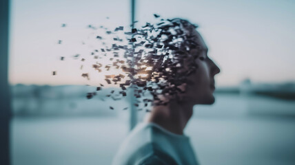 Man's profile disintegrating into small pieces, representing concepts of identity, data processing, and mental health