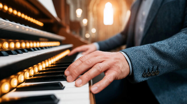 Organist hands playing keys on a pipe organ. Elegant organ console illuminates ancient church interior with warm light