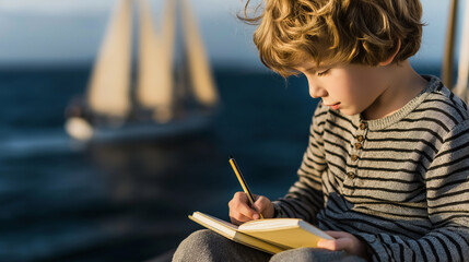 Boy concentrating, drawing in a sketchbook while on a sailboat, capturing scene with pencil and imagination