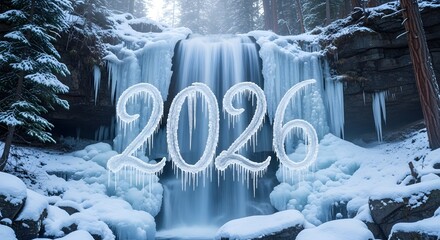 Frozen winter waterfall with icy 2026 numbers in forest scene.
