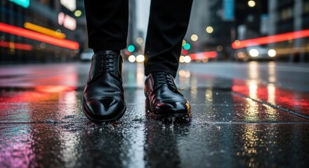 Fototapeta premium Person's feet in sleek black leather shoes mid-step on wet urban city sidewalk, rain droplets splashing, blurred city traffic and neon reflections, dynamic street movement