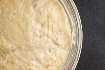 Raw dough yeast starter tasty snack fresh delicious gourmet food table background rustic food top view copy space