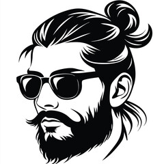 Stylish man with a bun and sunglasses sports a striking beard and mustache