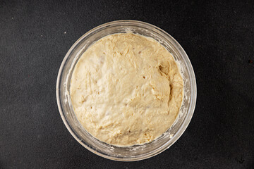 Raw dough yeast starter tasty snack fresh delicious gourmet food table background rustic food top view copy space