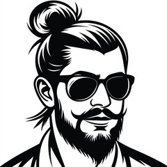 Stylish man with a topknot and a full mustache wears sunglasses confidently