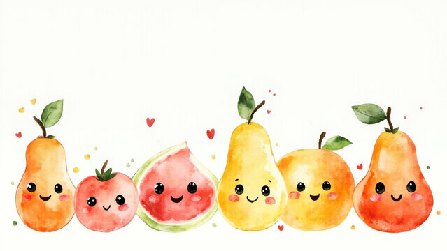 Watercolor illustration of cute smiling fruits with happy faces - Powered by Adobe
