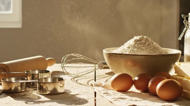 Baking ingredients arranged on a wooden table, with flour, eggs, and kitchen tools in a warm, inviting kitchen