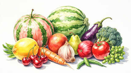 Watercolor painting of fresh fruits and vegetables on a white background