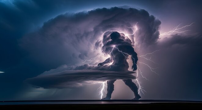 Mysterious figure emerging from a swirling cosmic cloud with lightning