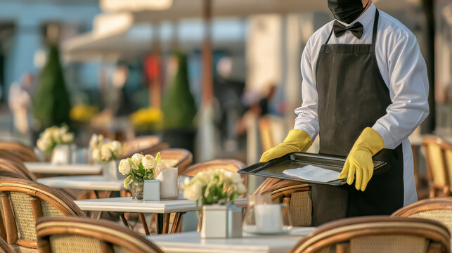 Waiter wearing face mask and gloves preparing outdoor cafe tables for reopening during pandemic safety measures