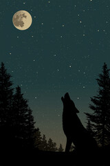 Silhouette of a howling wolf beneath a bright moon in a star-filled night forest