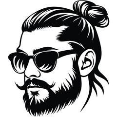 Fototapeta premium Stylish man art features sunglasses, beard, and a modern top knot hairstyle