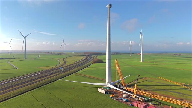 Wind Turbine Construction with Crane Installing Rotor Blades
