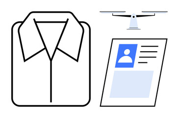 Identification system. Elements include a shirt outline, ID card with photo and details, and a modern quadcopter symbol. Identification for personnel systems, smart access, automation, technology
