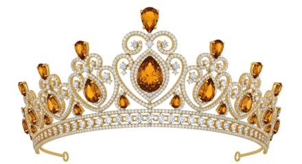 Golden tiara with amber gemstones and diamonds, isolated on transparent background