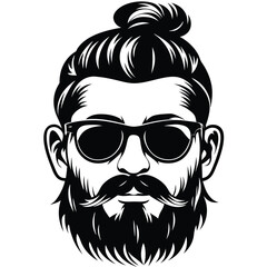 Man with top knot hairstyle and mustache is wearing sunglasses in black