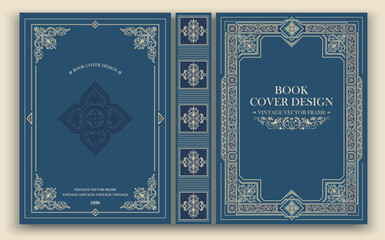 Elegant vector vintage book cover with refined light-gold ornaments on a muted navy palette. Classic Victorian-inspired frame design emphasizing antique charm and timeless sophistication.