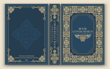 Elegant vector vintage book cover with ornate golden frame on dark blue background. Sophisticated royal style with luxurious gold and navy color palette reflecting antique refinement.