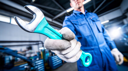 Mechanic in blue uniform holding out a dirty wrench, offering service and repair in a workshop