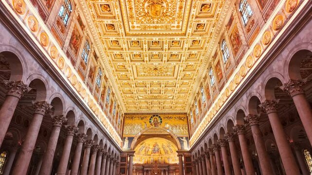 The central nave of  the Basilica of Saint Paul Outside the Walls or Basilica di San Paolo fuori le Mura in Rome, Italy