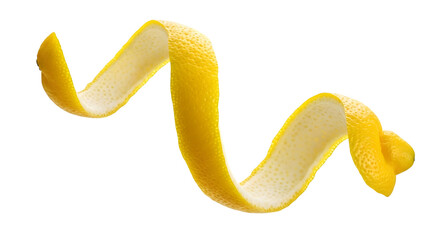 Curled yellow lemon peel, fresh and vibrant, isolated on transparent background