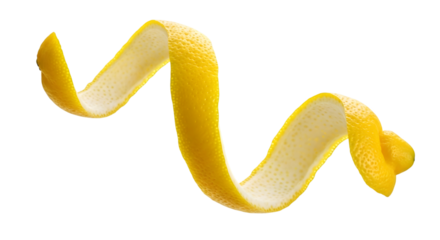 Curled yellow lemon peel, fresh and vibrant, isolated on transparent background