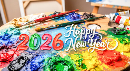 Happy new year 2026 text over an artist's palette with vibrant paint and brushes Vector