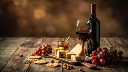 Wine and cheese pairing with grapes, crackers, and honey on a rustic wooden table