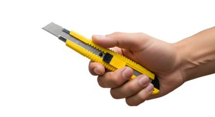Hand holding a yellow utility knife, isolated on transparent background