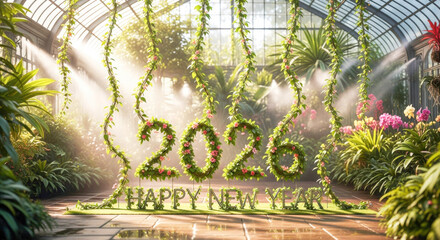 Vibrant 2026 happy new year message crafted from leafy vines and flowers in a bright conservatory Vector