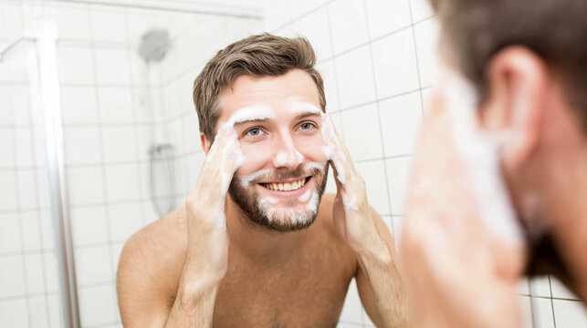 Young man with beard smiling, washing face with foam in bathroom mirror during morning grooming routine