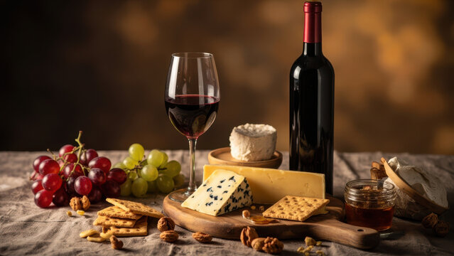 Wine and cheese board with grapes, crackers, and nuts on a rustic table