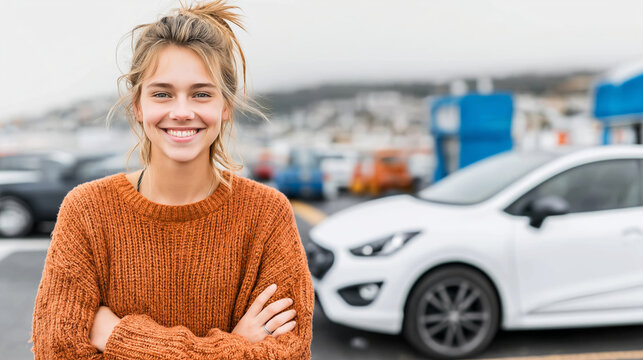 Young woman smiling proudly outdoors, standing with a white car in the background, representing new car ownership and independence
