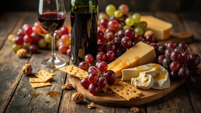 Delicious cheese board with grapes, crackers, walnuts, and red wine