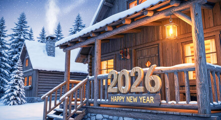 Winter wonderland: cozy log cabin decorated with "happy new year 2026" sign, festive celebration Vector