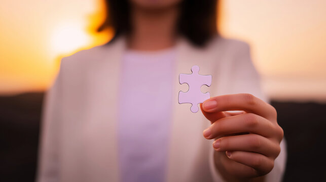 Woman holding puzzle piece representing problem solving, teamwork, business solution, strategy, cooperation, and partnership at sunset - Powered by Adobe