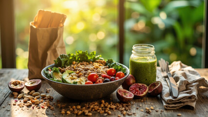 Delicious and healthy vegan lunch with fresh ingredients on a rustic wooden table
