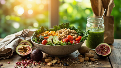 Healthy vegan salad bowl with fresh ingredients and green smoothie