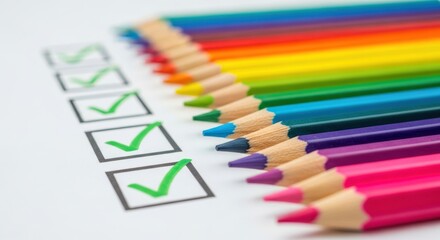 Colorful pencils lie beside a checklist with completed tasks. Green checkmarks indicate tasks finished. Bright writing tools suggest planning and organization for work or school