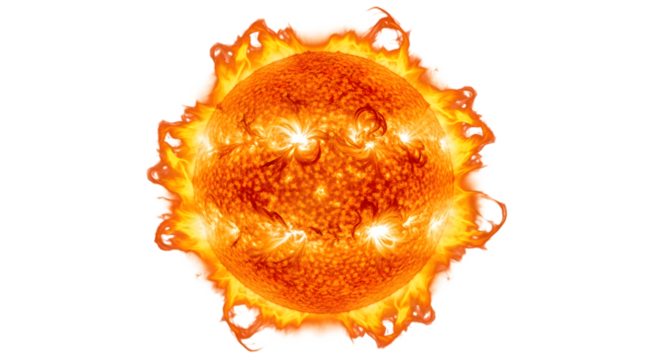 The sun with solar flares and prominences, isolated on transparent background