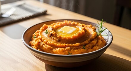 Mashed sweet potatoes with butter and rosemary in a ceramic bowl dish