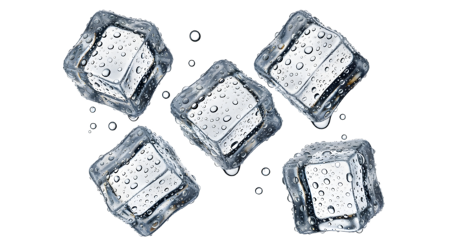 Five melting ice cubes with water droplets, isolated on transparent background