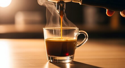Espresso being poured into a clear glass cup with steam rising up