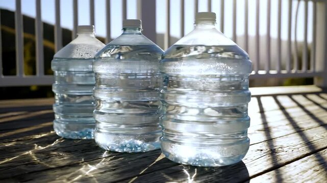 Three large water bottles on sunlit wooden deck with patterns of shadows