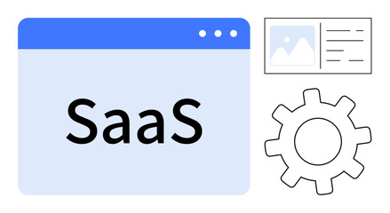 SaaS browser window with header and text, gear representing settings, and simplified wireframe layout. Ideal for technology, SaaS product idea, web development, IT, software design, innovation