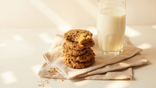 Stack of oatmeal cookies with a glass of milk on a neutral background